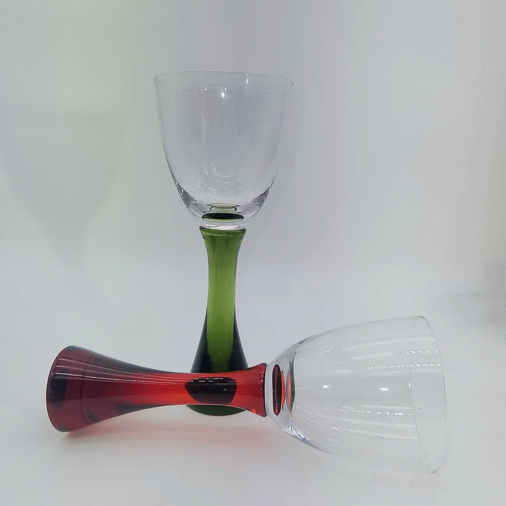 2 Danish Influenced Wine Goblets‎ Green & Red Flared Stems Clear Bowls Vintage